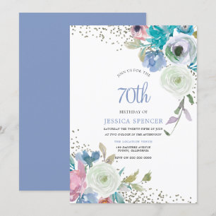 Magical 70th Birthday Party Mint Blue Flowers Invitation