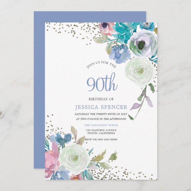 Magical 90th Birthday Party Mint Blue Flowers Invitation (Front/Back)