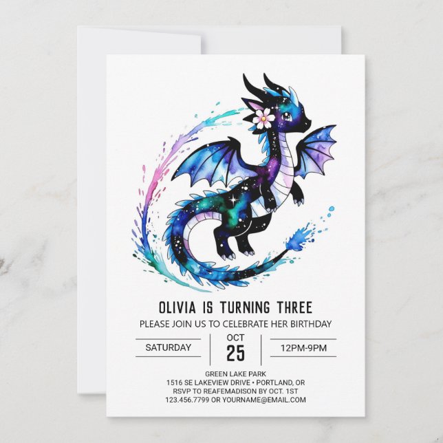 Magical Adorable Dragon Digital Girl Birthday Invitation (Front)