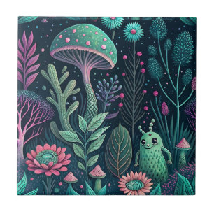 Magical Alien Mushroom Neon Forest Sci-Fi Pattern Tile