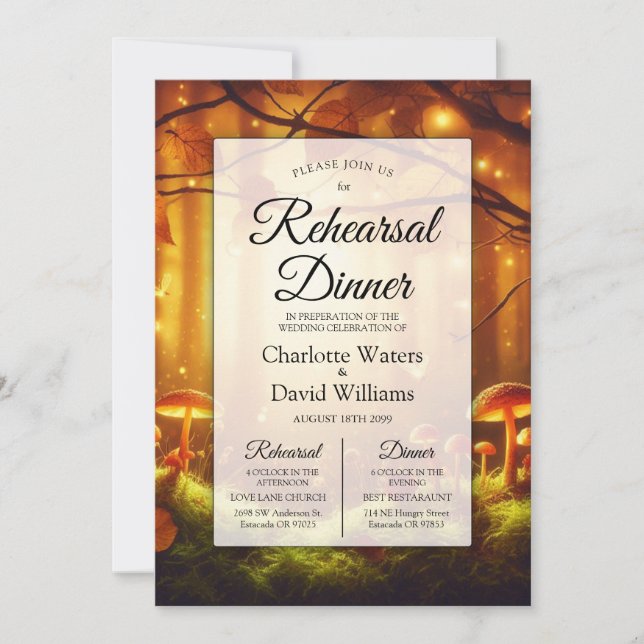 Magical Amber Forest Fairytale Rehearsal Dinner Invitation (Front)