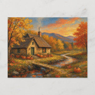 Magical Autumn House Landscape Forest Lake Scene Postcard