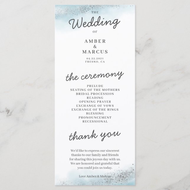 Magical Baby Blue Silver Glitter Wedding Programme (Front)