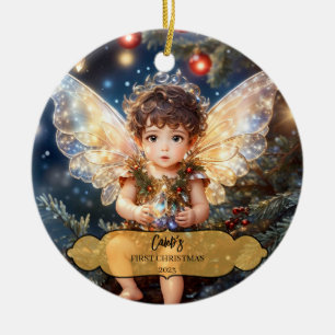 Magical Baby Boy Fairy Wings in a Christmas Tree Ceramic Tree Decoration