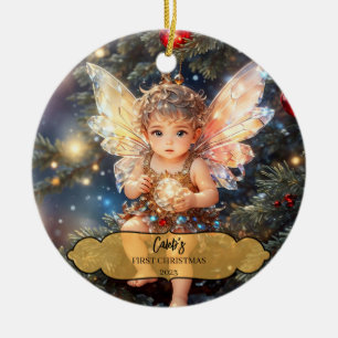 Magical Baby Boy Fairy Wings in a Christmas Tree Ceramic Tree Decoration