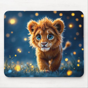 Magical baby lion walking in a fantasy night mouse mat