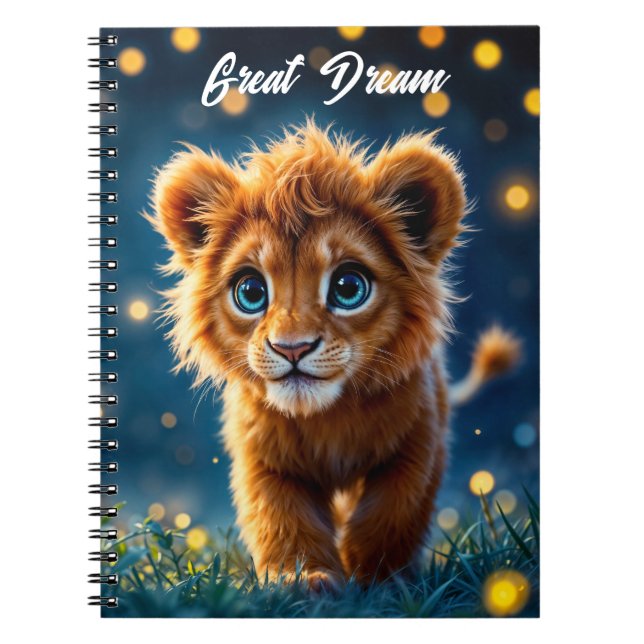 Magical baby lion walking in a fantasy night notebook (Front)