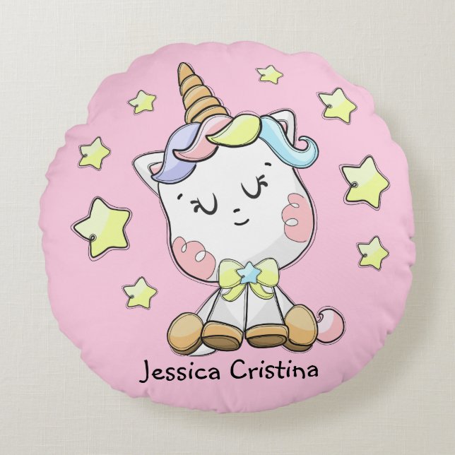 Magical Baby Unicorn Cutie Personalised Nursery Round Cushion (Front)