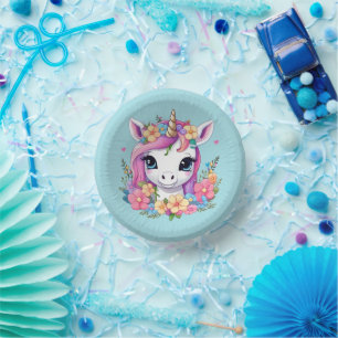 Magical Baby Unicorn with Flowers Paper Plate