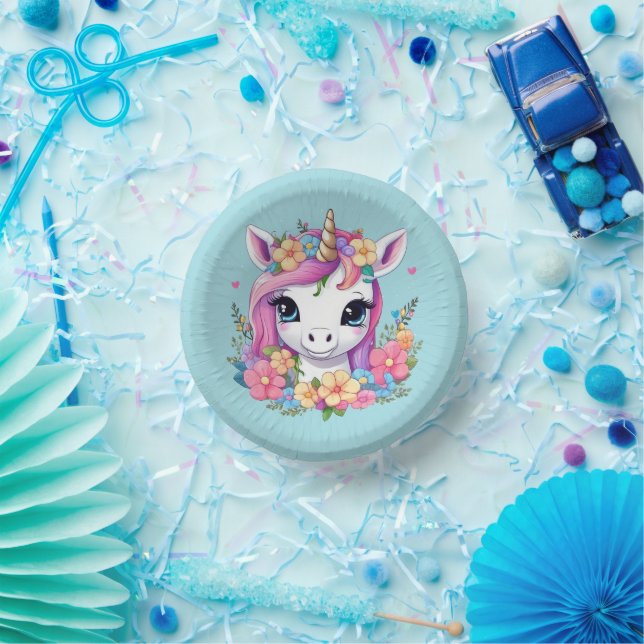 Magical Baby Unicorn with Flowers Paper Plate (Party)