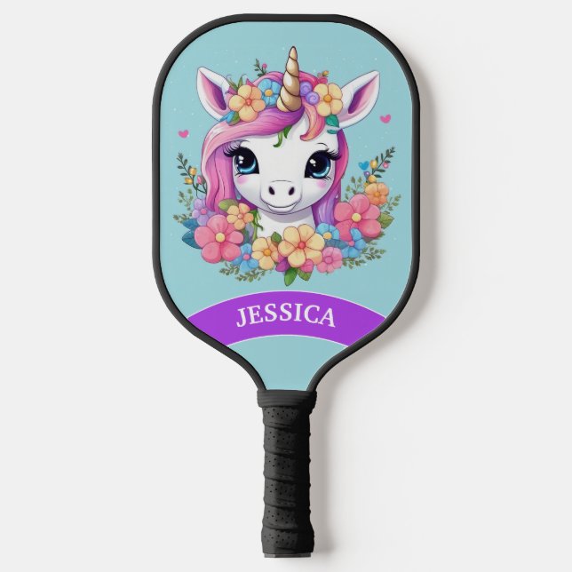 Magical Baby Unicorn with Flowers Pickleball Paddle (Front)