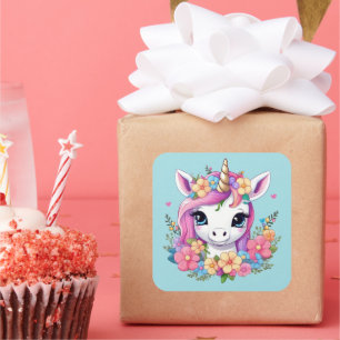 Magical Baby Unicorn with Flowers Square Sticker