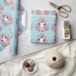 Magical Baby Unicorn with Flowers Wrapping Paper