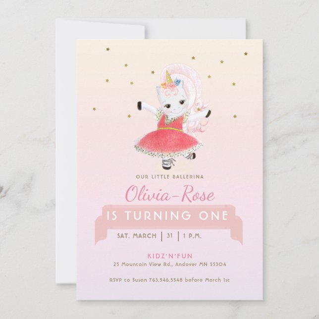  Magical Ballerina Unicorn Rainbow Girl Birthday Invitation (Front)