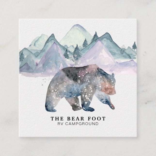 *~* Magical Bear Mountains and Pine Trees Square Business Card (Front)