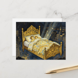 Magical Bed Above City Fantasy Sleeping Couple Postcard