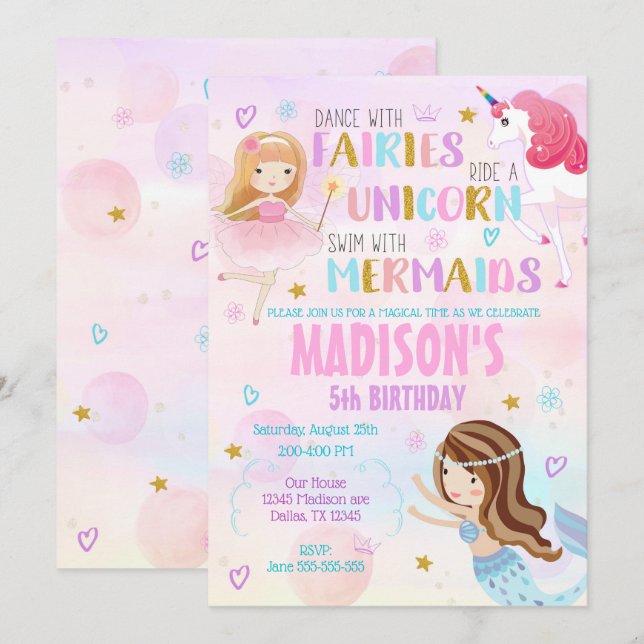 Magical Birthday Invitation Mermaid Unicorn Fairy (Front/Back)