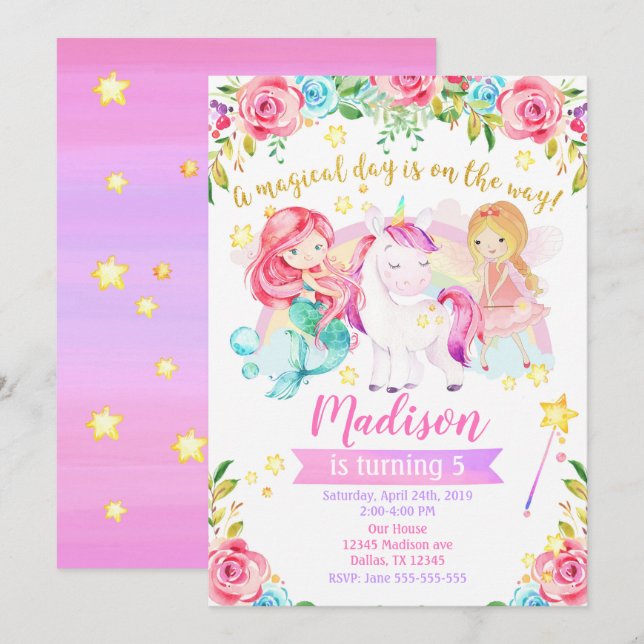 Magical Birthday Invitation Unicorn Fairy Mermaid (Front/Back)