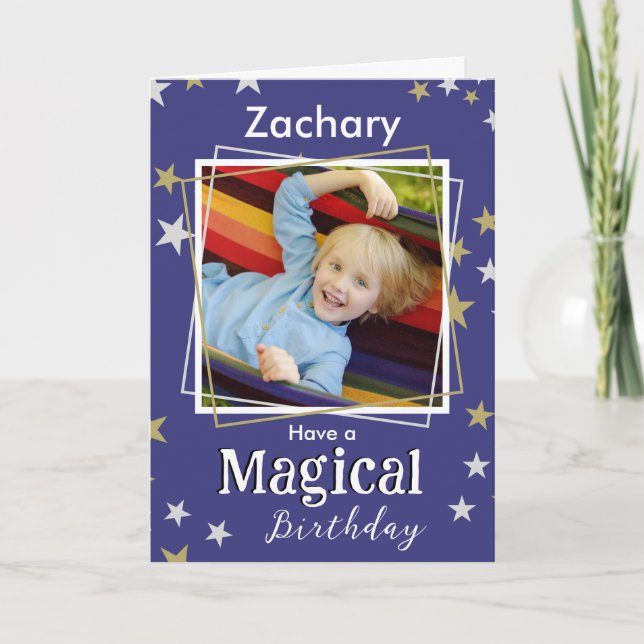 Magical Birthday Stars Photo Name Kids Boy Girl Card (Front)
