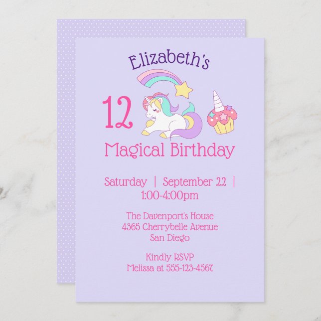 Magical Birthday Unicorn and Cupcake Party Invitation (Front/Back)