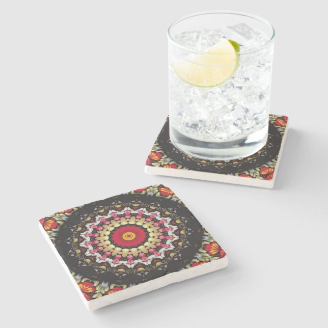 Magical Black and Red Mandala Stone Coaster (Side)