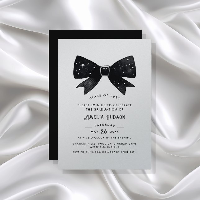 Magical Black Bow Silver Shimmer Graduation Party Invitation (Creator Uploaded)