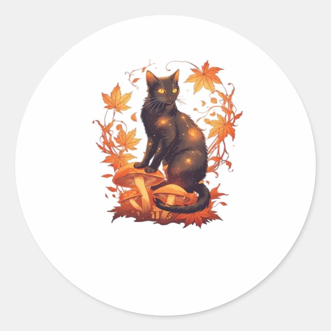 Magical Black Cat in Autumn Forest – Celestial Fal Classic Round Sticker (Front)