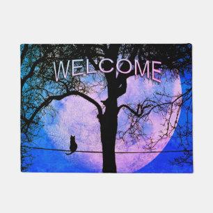 Magical Black Cat on a Wire Welcomes Full Moon Doormat