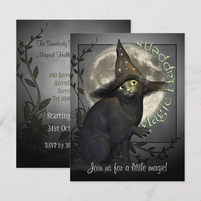 Magical Black Cat Small Halloween Invitation (Front/Back)