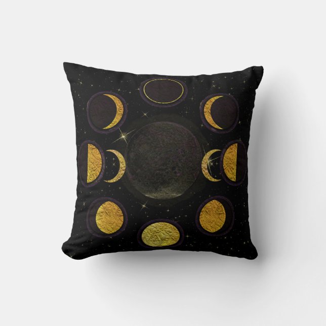 Magical Black & Gold Moon Phases Cushion (Front)