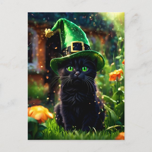 Magical Black St. Patrick's Day Kitten Postcard (Front)