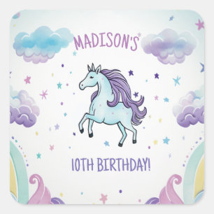 Magical Blue and Purple Unicorn Birthday Square Sticker
