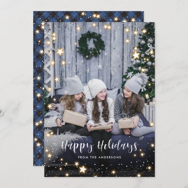 Magical Blue Buffalo Plaid Snow Stars Photo Holiday Card (Front/Back)