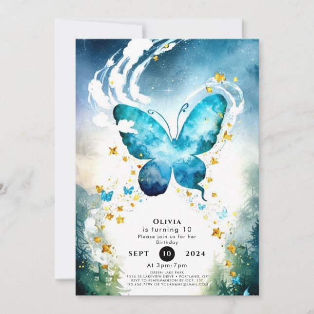 Magical Blue Butterfly Birthday Invitation (Front)