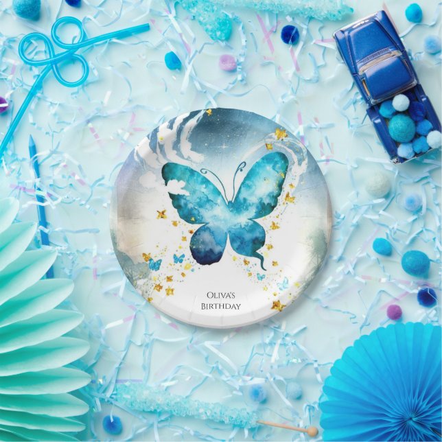 Magical Blue Butterfly Birthday Paper Plate (Party)