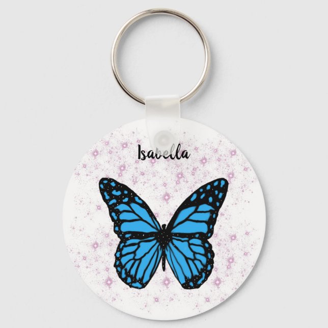 Magical blue butterfly pink glitter art key ring (Front)