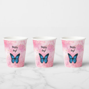 Magical blue butterfly pink glitter art paper cups