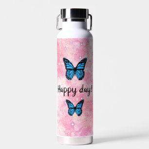 Magical blue butterfly pink glitter art water bottle