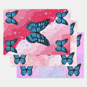 Magical blue butterfly pink glitter art wrapping paper sheet