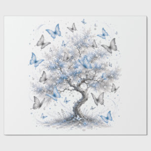 Magical Blue Butterfly & Silver Tree Wrapping Pape Paper