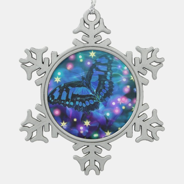 Magical Blue Butterfly Snowflake Pewter Christmas Ornament (Front)