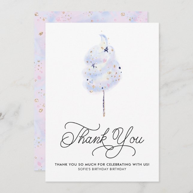 Magical Blue Cotton Candy and Glitter Thank You Invitation (Front/Back)