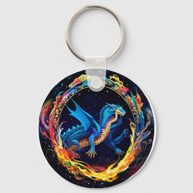 Magical Blue Dragon Surrounded by Mystical Flames Key Ring (Front)
