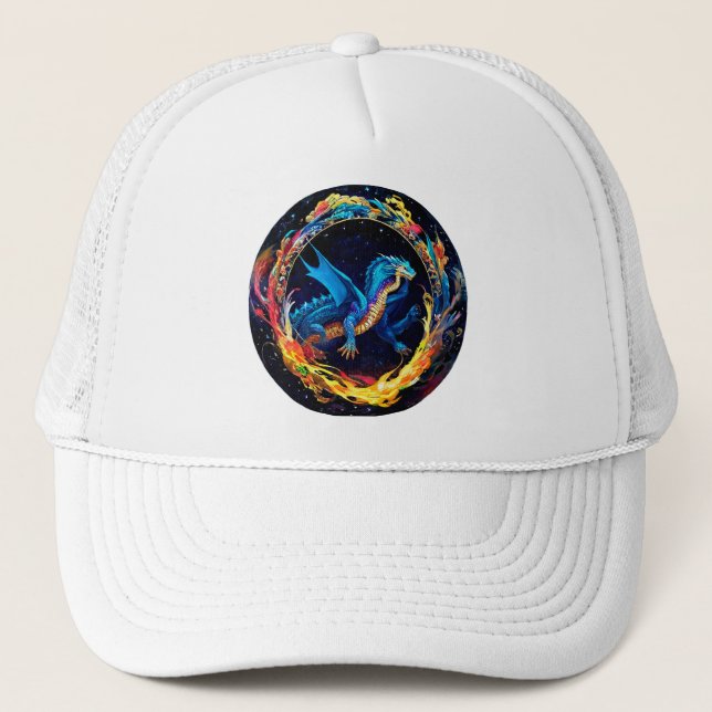 Magical Blue Dragon Surrounded by Mystical Flames Trucker Hat (Front)