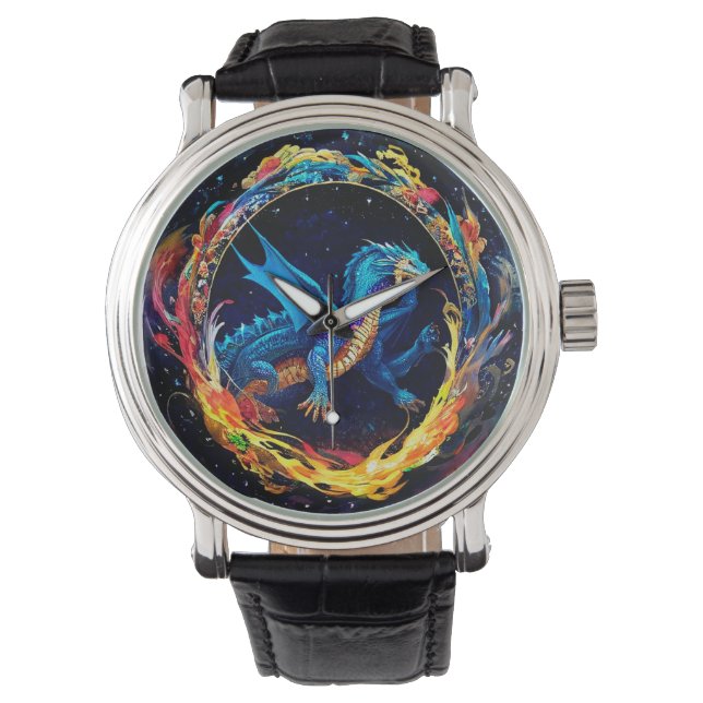 Magical Blue Dragon Surrounded by Mystical Flames Watch (Front)