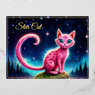 Magical blue-eyed feline under bright stars foil holiday postcard