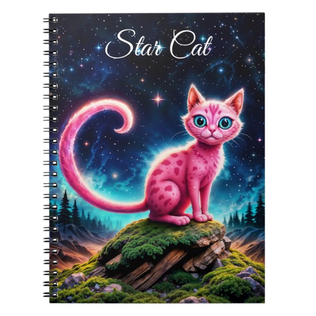 Magical blue-eyed feline under bright stars  notebook (Front)