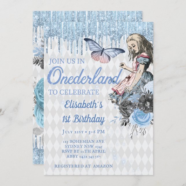 Magical Blue Ice Alice First Birthday Invitation (Front/Back)