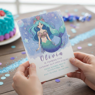 Magical Blue & Purple Mermaid Birthday Party  Invitation