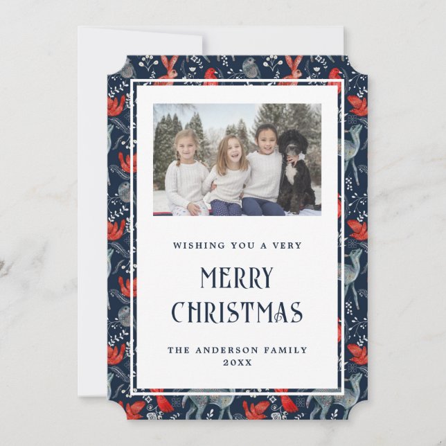 Magical Blue Red Nordic Photo Merry Christmas Card (Front)
